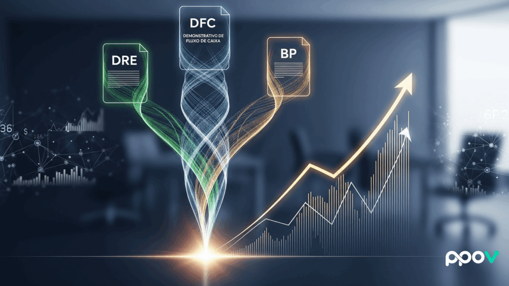 A imagem apresenta três documentos flutuantes com os títulos "DRE", "DFC" (Demonstrativo de Fluxo de Caixa) e "BP". De cada documento, partem linhas luminosas e coloridas (verde, azul e dourada, respectivamente) que se entrelaçam e convergem para um ponto de luz brilhante na parte inferior central da imagem. Desse ponto de convergência, emerge um gráfico de barras e uma linha ascendente com uma seta apontando para cima e para a direita, simbolizando crescimento. O fundo é um escritório desfocado com um ambiente corporativo moderno e alguns elementos de dados digitais translúcidos.