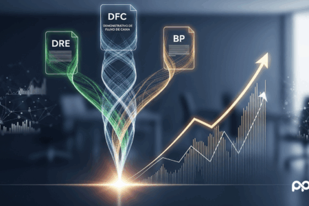A imagem apresenta três documentos flutuantes com os títulos "DRE", "DFC" (Demonstrativo de Fluxo de Caixa) e "BP". De cada documento, partem linhas luminosas e coloridas (verde, azul e dourada, respectivamente) que se entrelaçam e convergem para um ponto de luz brilhante na parte inferior central da imagem. Desse ponto de convergência, emerge um gráfico de barras e uma linha ascendente com uma seta apontando para cima e para a direita, simbolizando crescimento. O fundo é um escritório desfocado com um ambiente corporativo moderno e alguns elementos de dados digitais translúcidos.